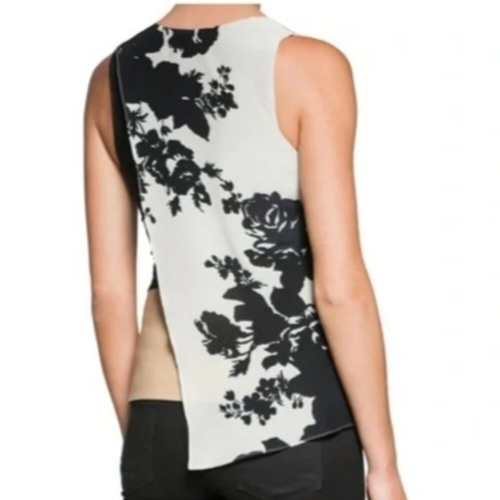 Bailey 44 XS Ivory Black Floral Sleeveless Top Faux Leather Silk Made in USA - Picture 3 of 10